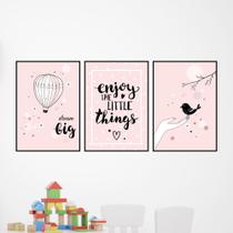 Kit 3 Quadros Menina Rosa Quarto Infantil Decoração 20x28cm
