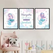 Kit 3 Quadros Menina - Sereias Sonhos 24x18cm - com vidro Kit 3 Quadros Menina - Sereias Sonhos 24x18cm - com vidro
