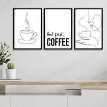 Kit 3 Quadros Minimalistas Café- But First Coffee 24x18cm - com vidro