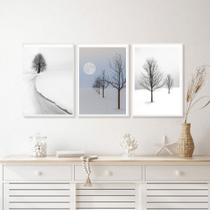 Kit 3 Quadros Minimalistas Paisagens Neve- Árvores 45x34cm - com vidro