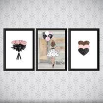 Kit 3 Quadros Moda Fashion Flores Corações 33x24cm Kit 3 Quadros Moda Fashion Flores Corações 33x24cm