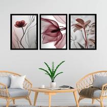 Kit 3 Quadros Modernas Flores Nuances Bordô 24x18cm - com vidro Kit 3 Quadros Modernas Flores Nuances Bordô 24x18cm - com vidro