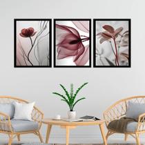 Kit 3 Quadros Modernas Flores Nuances Bordô 45x34cm - com vidro