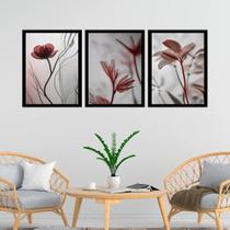 Kit 3 Quadros Modernas Flores Nuances Cinza 33x24cm - com vidro