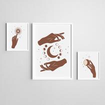 Kit 3 Quadros Moldura Branca Mãos e Lua 20x30cm e 40x60cm