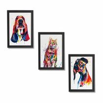 Kit 3 Quadros Moldura Preta Cachorro Gato Colorido 60x40cm Kit 3 Quadros Moldura Preta Cachorro Gato Colorido 60x40cm