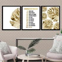 Kit 3 Quadros Motivacionais Sucesso - Dourado 24X18Cm Vidro
