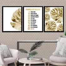 Kit 3 Quadros Motivacionais Sucesso - Dourado 33x24cm - com vidro