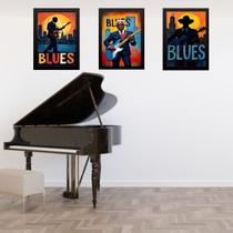 Kit 3 Quadros Músicos Blues 24x18cm - com vidro