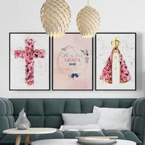 Kit 3 Quadros Nossa Senhora Aquarela Flores 45x34cm - com vidro Kit 3 Quadros Nossa Senhora Aquarela Flores 45x34cm - com vidro