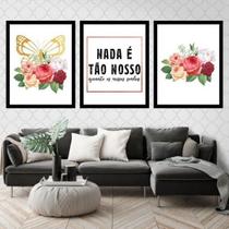 Kit 3 Quadros Nossos Sonhos Flor, Borboleta 60X40Cm Preta