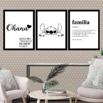 Kit 3 Quadros Ohana Família Significado 33x24cm - com vidro