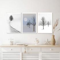 Kit 3 Quadros Paisagens Neve-Árvores 24x18cm - Madeira Branca