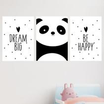 Kit 3 Quadros Panda - Dream Big - Be Happy 24x18cm - com vidro