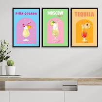 Kit 3 Quadros Para Bar Drinks e Coquetéis 45x34cm - com vidro Kit 3 Quadros Para Bar Drinks e Coquetéis 45x34cm - com vidro