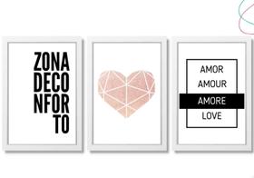 Kit 3 Quadros para casa - Zona de conforto com Coração Kit 3 Quadros para casa - Zona de conforto com Coração