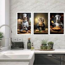 Kit 3 Quadros Para Cozinha Gatos Com Comidas 33x24cm - com vidro Kit 3 Quadros Para Cozinha Gatos Com Comidas 33x24cm - com vidro