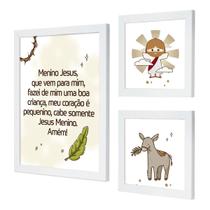 Kit 3 Quadros para Quarto Infantil Bebê com Moldura Oração Anjo Nossa Senhora Jesus sem vidro