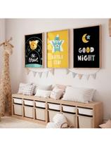 Kit 3 Quadros Para Quarto Infantil Bebê Noite Gato Lua Estrela Lúdico Decoração