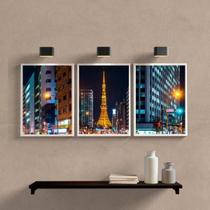 Kit 3 Quadros Paris Noturna 33x24cm - Vidro e Moldura Preta