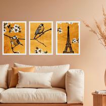 Kit 3 Quadros Passarinhos Paris Torre Eiffel 33x24cm - com vidro