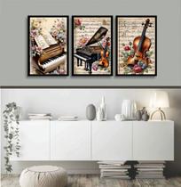 Kit 3 Quadros Piano e Violino Vintage - Flores 33x24cm