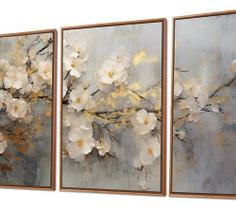 Kit 3 Quadros Pintura Floral Abstrata Com Dourado 50x70cm Kit 3 Quadros Pintura Floral Abstrata Com Dourado 50x70cm