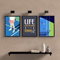 Kit 3 Quadros Play Tennis 45X34Cm - Com Vidro Preta