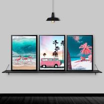 Kit 3 Quadros Praia Kombi Rosa 33x24cm