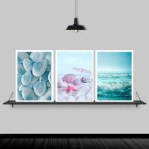 Kit 3 Quadros Praia Mar Azul E Rosa 33x24cm - com vidro Kit 3 Quadros Praia Mar Azul E Rosa 33x24cm - com vidro