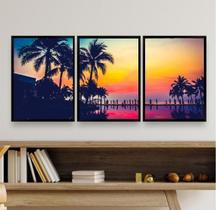 Kit 3 Quadros Praia Por do Sol 33x24cm - Madeira Branca
