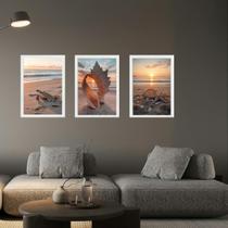 Kit 3 Quadros Praia Por Do Sol Conchas Tartaruga 24X18Cm Kit 3 Quadros Praia Por Do Sol Conchas Tartaruga 24X18Cm