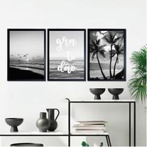 Kit 3 Quadros Praia Preto E Branco Gratidão 33x24cm - com vidro