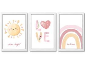 Kit 3 quadros quarto bebe decoração boho love sol arco-íris
