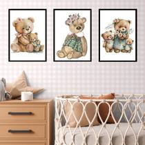 Kit 3 Quadros Quarto Bebê - Ursinha Vintage 45x34cm - com vidro