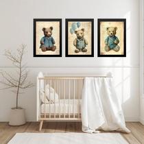 Kit 3 Quadros Quarto Bebê Ursos Vintage 45X34Cm - Com Vidro
