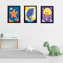 Kit 3 Quadros Quarto Infantil Tema Animais Marinhos 45x34cm