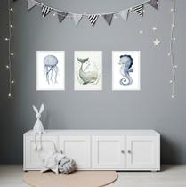 Kit 3 Quadros Quarto Infantil Tema Fundo Do Mar 45x34cm - com vidro