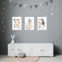 Kit 3 Quadros Quarto Infantil Tema Passarinhos e Flores 45x34cm