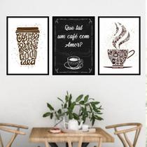 Kit 3 Quadros Que Tal um Café Com Amor 24x18cm - com vidro