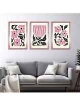 Kit 3 Quadros Ramos de Flores com Folhas Rosas Hall de Entrada Kit 3 Quadros Ramos de Flores com Folhas Rosas Hall de Entrada