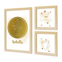 Kit 3 Quadros Religiosos para Quarto Infantil Bebê com Moldura Oração Anjo Nossa Senhora Jesus Moldura Natural
