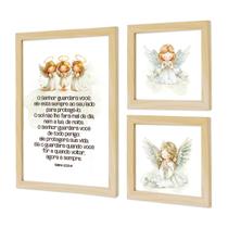 Kit 3 Quadros Religiosos para Quarto Infantil Bebê com Moldura Oração Anjo Nossa Senhora Jesus sem vidro