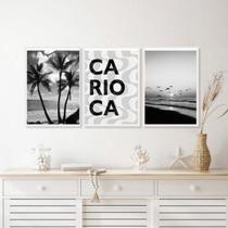 Kit 3 Quadros RJ Carioca Praia P&B 33x24cm - Madeira Branca