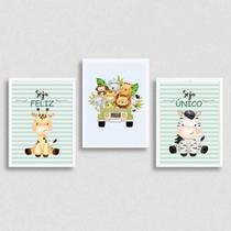 Kit 3 Quadros Safari Infantil 24x18cm - Madeira Branca Kit 3 Quadros Safari Infantil 24x18cm - Madeira Branca