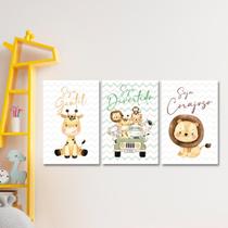 Kit 3 Quadros Safari Infantil Frases Quarto Criança Placas