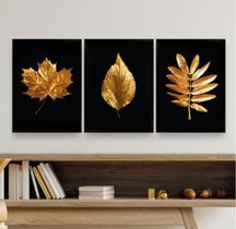 Kit 3 Quadros Sala Folhas Douradas 45x34cm - Moldura Branca