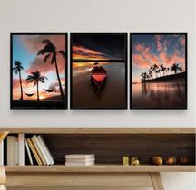 Kit 3 Quadros Sala Por do Sol Praia 33x24cm - Vidro Preto