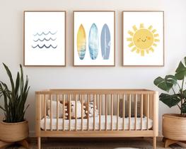 Kit 3 Quadros Surfista Sol Prancha Ondas Surf Quarto Menino Decoração