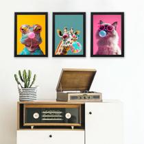 Kit 3 Quadros Teenager Bichos Bubble Gum 33x24cm - com vidro